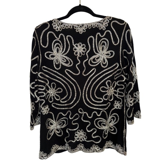 Once Again Black Beaded Embroidered V Neck 3/4 Sleeve Cardigan Top Women's L - Picture 2 of 7